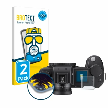 Parte frontal de un envase de producto con el logotipo de la marca BROTECT. Al lado se muestra el dispositivo Leica SL3 (panta