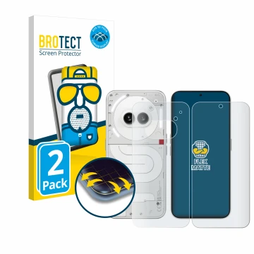 Parte frontal de un envase de producto con el logotipo de la marca BROTECT. Al lado se muestra el dispositivo Nothing Phone (2