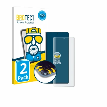 Parte frontal de un envase de producto con el logotipo de la marca BROTECT. Al lado se muestra el dispositivo Vivo X Fold3 con