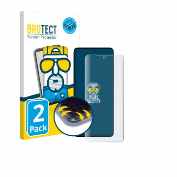 Parte frontal de un envase de producto con el logotipo de la marca BROTECT. Al lado se muestra el dispositivo Motorola Edge 50