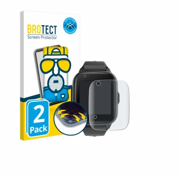 Parte frontal de un envase de producto con el logotipo de la marca BROTECT. Al lado se muestra el dispositivo Leotec Kids Allo