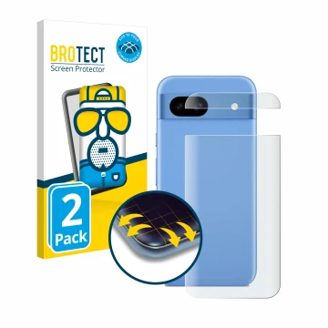 Parte frontal de un envase de producto con el logotipo de la marca BROTECT. Al lado se muestra el dispositivo Google Pixel 8a 