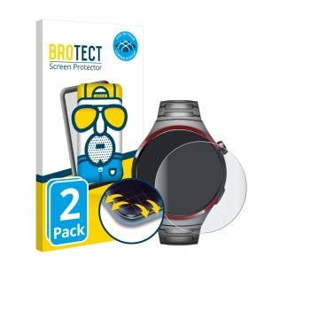 Parte frontal de un envase de producto con el logotipo de la marca BROTECT. Al lado se muestra el dispositivo Huawei Watch 4 P