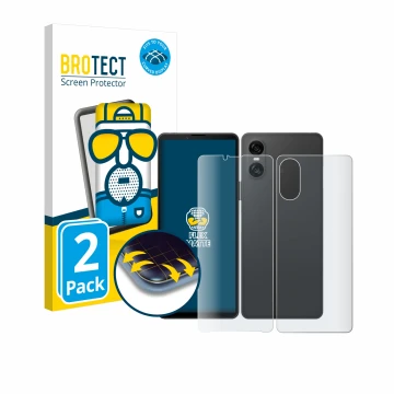 Parte frontal de un envase de producto con el logotipo de la marca BROTECT. Al lado se muestra el dispositivo Sony Xperia 10 V