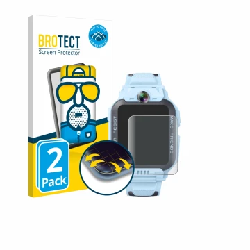 Parte frontal de un envase de producto con el logotipo de la marca BROTECT. Al lado se muestra el dispositivo Imoo Watch Phone