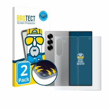Parte frontal de un envase de producto con el logotipo de la marca BROTECT. Al lado se muestra el dispositivo Samsung Galaxy Z