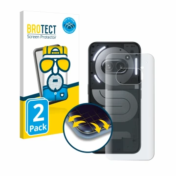 Parte frontal de un envase de producto con el logotipo de la marca BROTECT. Al lado se muestra el dispositivo Nothing Phone (2