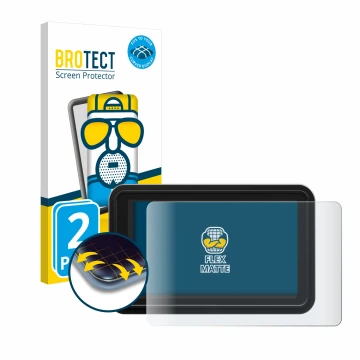 Parte frontal de un envase de producto con el logotipo de la marca BROTECT. Al lado se muestra el dispositivo Atomos Shinobi 2