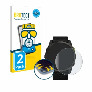 Parte frontal de un envase de producto con el logotipo de la marca BROTECT. Al lado se muestra el dispositivo Garmin Enduro 3 