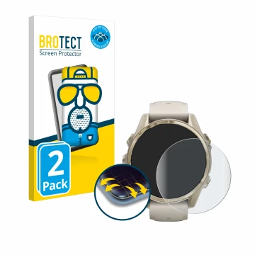 Parte frontal de un envase de producto con el logotipo de la marca BROTECT. Al lado se muestra el dispositivo Garmin Fenix 8 (