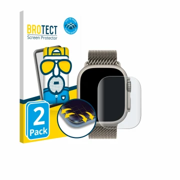 Parte frontal de un envase de producto con el logotipo de la marca BROTECT. Al lado se muestra el dispositivo Apple Watch Ultr