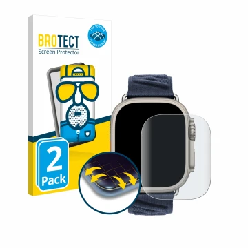 Parte frontal de un envase de producto con el logotipo de la marca BROTECT. Al lado se muestra el dispositivo Apple Watch Herm