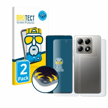 Parte frontal de un envase de producto con el logotipo de la marca BROTECT. Al lado se muestra el dispositivo Xiaomi 14T Pro (