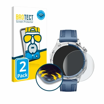 Parte frontal de un envase de producto con el logotipo de la marca BROTECT. Al lado se muestra el dispositivo Huawei Watch GT 