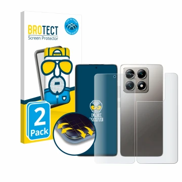 Parte frontal de un envase de producto con el logotipo de la marca BROTECT. Al lado se muestra el dispositivo Xiaomi 14T (Fron