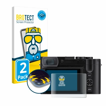 Parte frontal de un envase de producto con el logotipo de la marca BROTECT. Al lado se muestra el dispositivo Leica Q3 43 con 