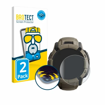 Parte frontal de un envase de producto con el logotipo de la marca BROTECT. Al lado se muestra el dispositivo Garmin Instinct 