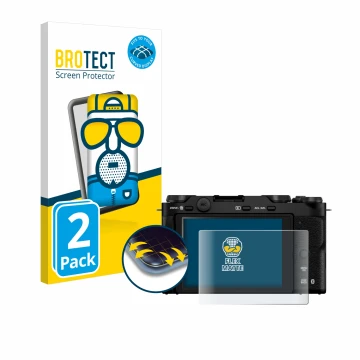 Parte frontal de un envase de producto con el logotipo de la marca BROTECT. Al lado se muestra el dispositivo Fujifilm X-M5 co