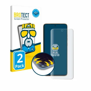 Parte frontal de un envase de producto con el logotipo de la marca BROTECT. Al lado se muestra el dispositivo Motorola Edge 50