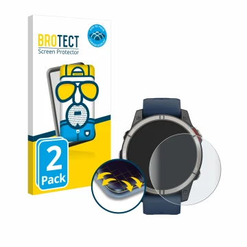 Parte frontal de un envase de producto con el logotipo de la marca BROTECT. Al lado se muestra el dispositivo Garmin quatix 7 
