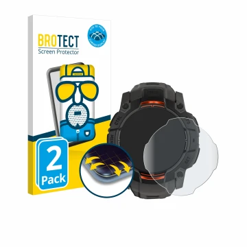 Parte frontal de un envase de producto con el logotipo de la marca BROTECT. Al lado se muestra el dispositivo Garmin Instinct 