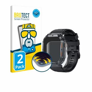 Parte frontal de un envase de producto con el logotipo de la marca BROTECT. Al lado se muestra el dispositivo bedee Smartwatch