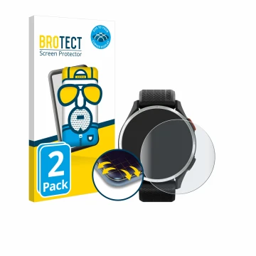 Parte frontal de un envase de producto con el logotipo de la marca BROTECT. Al lado se muestra el dispositivo Garmin Approach 