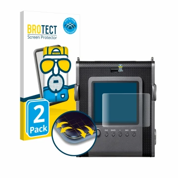 Parte frontal de un envase de producto con el logotipo de la marca BROTECT. Al lado se muestra el dispositivo Fujifilm Instax 