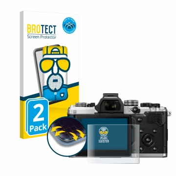 Parte frontal de un envase de producto con el logotipo de la marca BROTECT. Al lado se muestra el dispositivo OM System OM-3 c