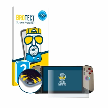 Parte frontal de un envase de producto con el logotipo de la marca BROTECT. Al lado se muestra el dispositivo MSI Claw 8 AI+ c