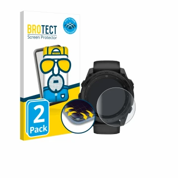 Parte frontal de un envase de producto con el logotipo de la marca BROTECT. Al lado se muestra el dispositivo Garmin Tactix 8 