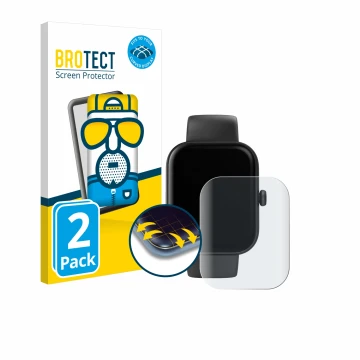 Parte frontal de un envase de producto con el logotipo de la marca BROTECT. Al lado se muestra el dispositivo Hama Smartwatch 