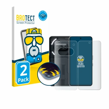 Parte frontal de un envase de producto con el logotipo de la marca BROTECT. Al lado se muestra el dispositivo Nothing Phone (3