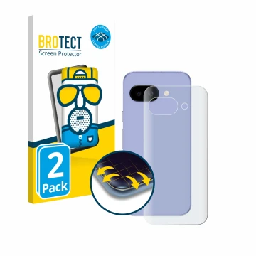 Parte frontal de un envase de producto con el logotipo de la marca BROTECT. Al lado se muestra el dispositivo Google Pixel 9a 