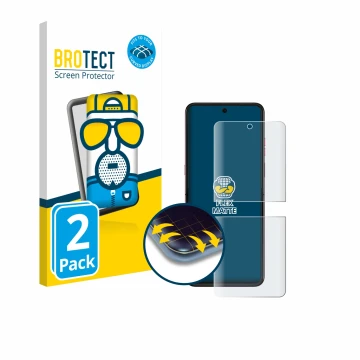 Parte frontal de un envase de producto con el logotipo de la marca BROTECT. Al lado se muestra el dispositivo Motorola Razr 60