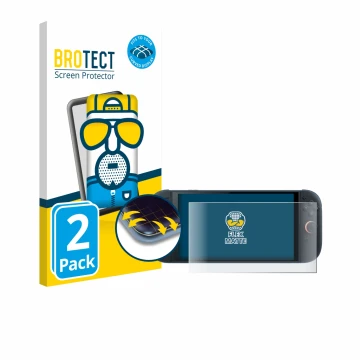 Parte frontal de un envase de producto con el logotipo de la marca BROTECT. Al lado se muestra el dispositivo Nintendo Switch 