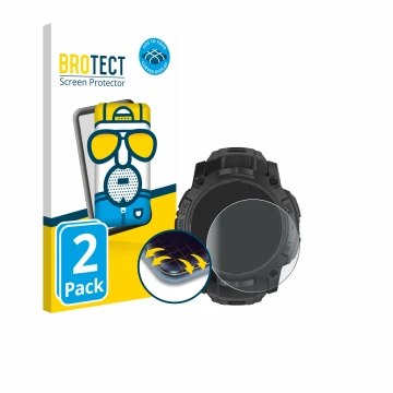 Parte frontal de un envase de producto con el logotipo de la marca BROTECT. Al lado se muestra el dispositivo Garmin Instinct 