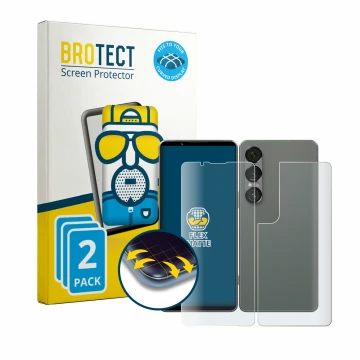 Parte frontal de un envase de producto con el logotipo de la marca BROTECT. Al lado se muestra el dispositivo Sony Xperia 1 VI
