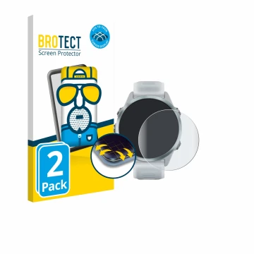 Parte frontal de un envase de producto con el logotipo de la marca BROTECT. Al lado se muestra el dispositivo Garmin Forerunne
