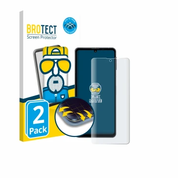 Parte frontal de un envase de producto con el logotipo de la marca BROTECT. Al lado se muestra el dispositivo Sharp Aquos Sens