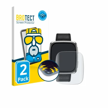 Parte frontal de un envase de producto con el logotipo de la marca BROTECT. Al lado se muestra el dispositivo Amazfit Active 2