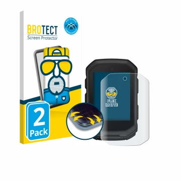 Parte frontal de un envase de producto con el logotipo de la marca BROTECT. Al lado se muestra el dispositivo Garmin Edge MTB 