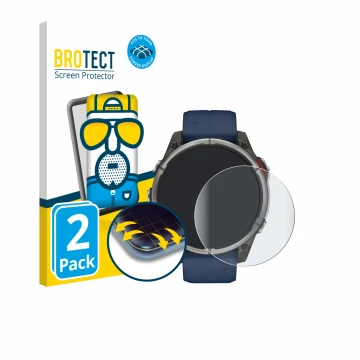 Parte frontal de un envase de producto con el logotipo de la marca BROTECT. Al lado se muestra el dispositivo Garmin quatix 8 