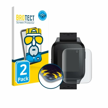 Parte frontal de un envase de producto con el logotipo de la marca BROTECT. Al lado se muestra el dispositivo TCL Family Watch