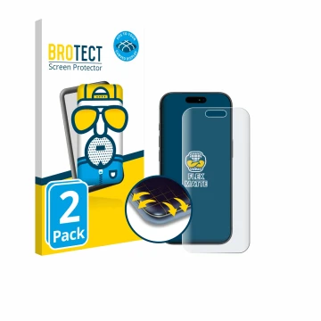 Parte frontal de un envase de producto con el logotipo de la marca BROTECT. Al lado se muestra el dispositivo Apple iPhone 17 