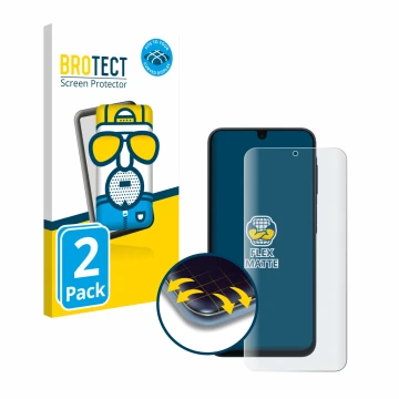 Parte frontal de un envase de producto con el logotipo de la marca BROTECT. Al lado se muestra el dispositivo Samsung Galaxy A