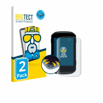 Parte frontal de un envase de producto con el logotipo de la marca BROTECT. Al lado se muestra el dispositivo Garmin Edge 550 