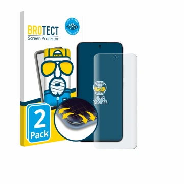 Parte frontal de un envase de producto con el logotipo de la marca BROTECT. Al lado se muestra el dispositivo Oppo Reno 14 con