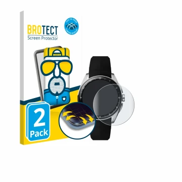 Parte frontal de un envase de producto con el logotipo de la marca BROTECT. Al lado se muestra el dispositivo TAG Heuer Connec