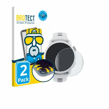 Parte frontal de un envase de producto con el logotipo de la marca BROTECT. Al lado se muestra el dispositivo Coros Pace 4 con